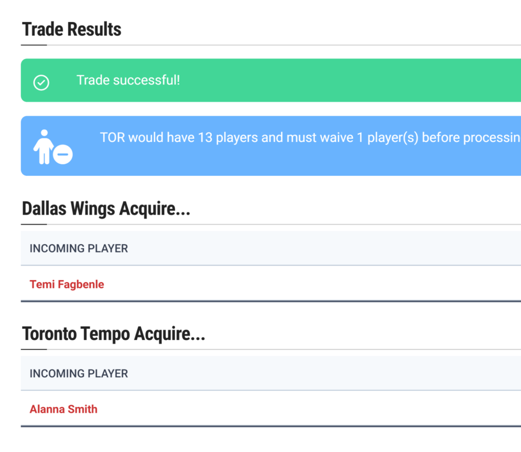 Screenshot from sportrac.com of Trade between Dallas Wings and Toronto Tempo of Temi Fagbenle for Alanna Smith.